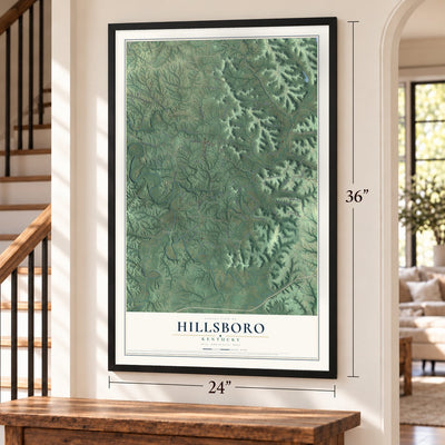 Hillsboro, Kentucky map, 24 x 36 inch print in a black frame by a staircase