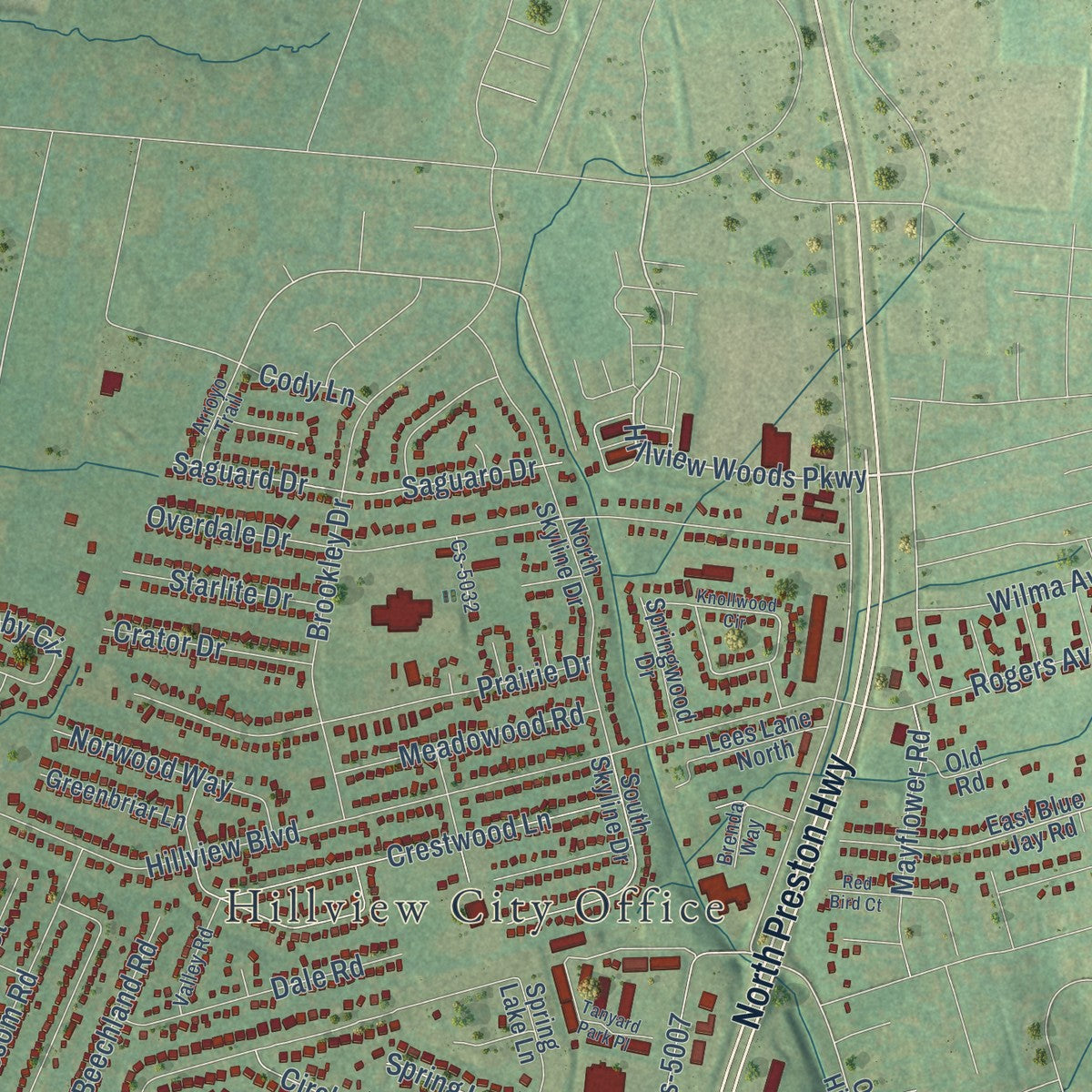 Close-up of the map of Hillview, Kentucky print showing street and building detail