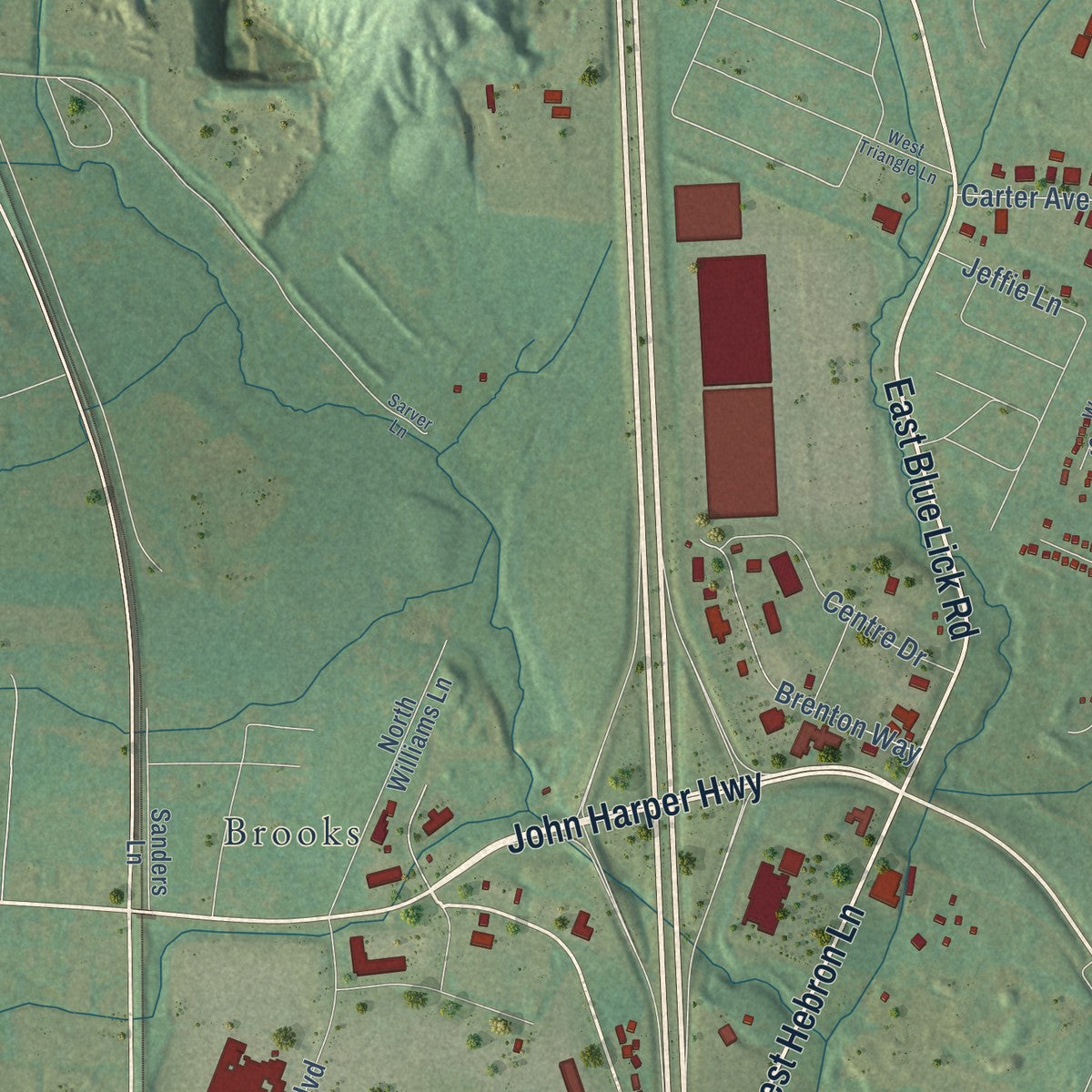 Second close-up of the map of Hillview, Kentucky print showing more streets and buildings