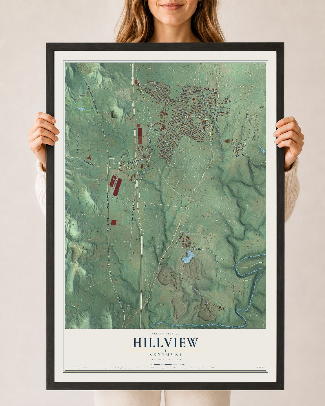 Map of Hillview, Kentucky, 24 x 36 inch print in a black wood frame
