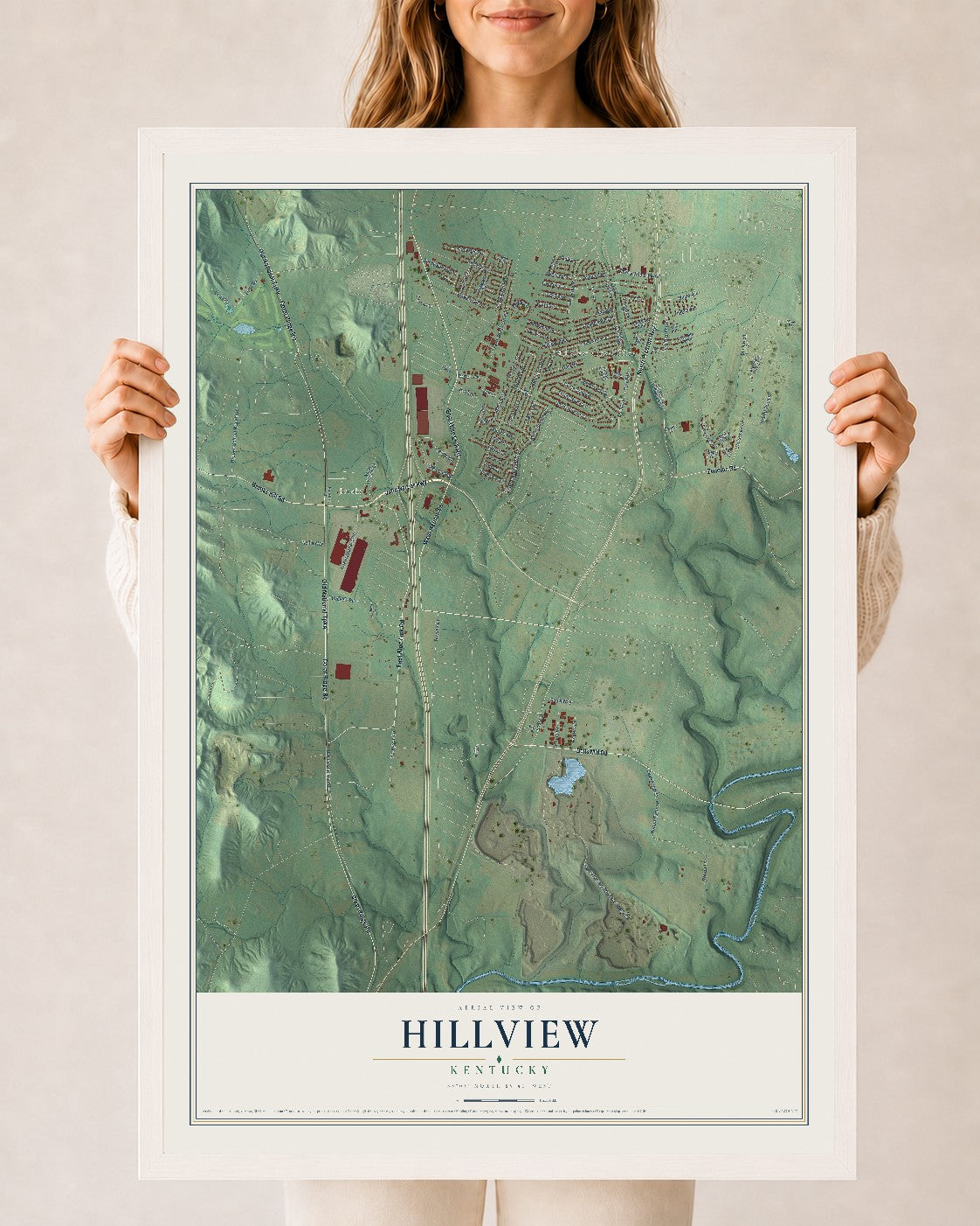 Map of Hillview, Kentucky, 24 x 36 inch print in a white wood frame