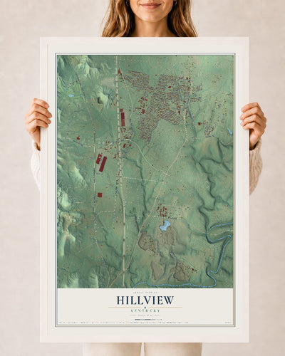 Map of Hillview, Kentucky, 24 x 36 inch print in a white wood frame