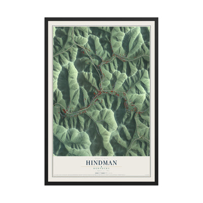 Map of Hindman, Kentucky, 12 x 18 inch print in a black wood frame
