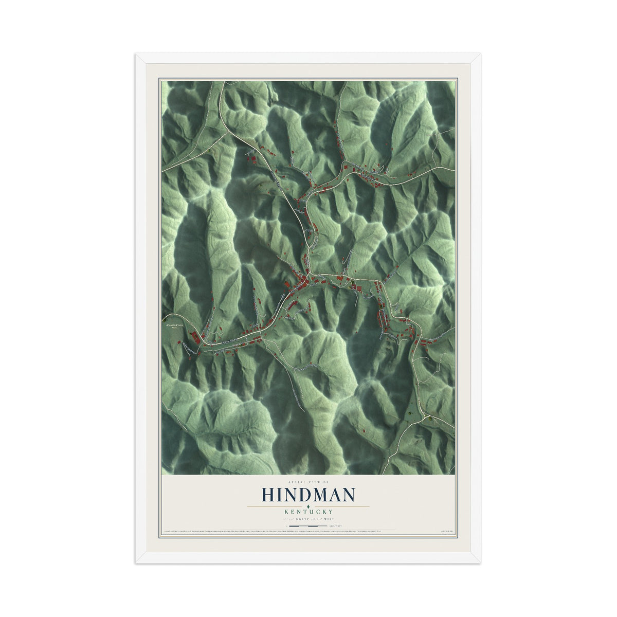 Map of Hindman, Kentucky, 12 x 18 inch print in a white wood frame