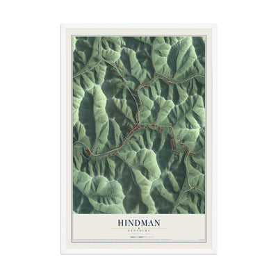 Map of Hindman, Kentucky, 12 x 18 inch print in a white wood frame