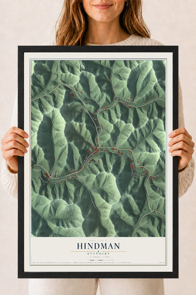 Map of Hindman, Kentucky, 18 x 24 inch print in a black wood frame