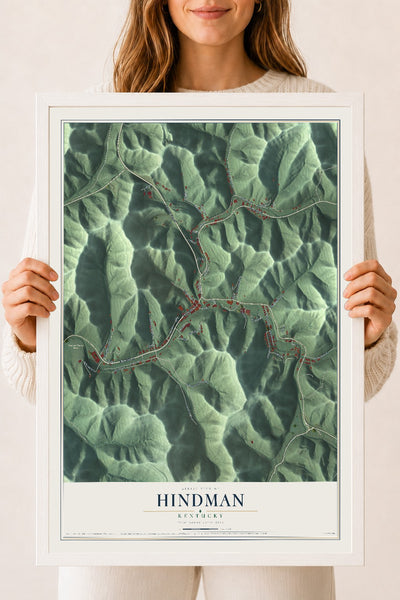 Map of Hindman, Kentucky, 18 x 24 inch print in a white wood frame