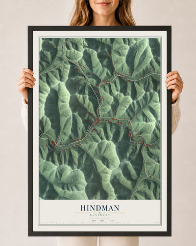 Map of Hindman, Kentucky, 24 x 36 inch print in a black wood frame