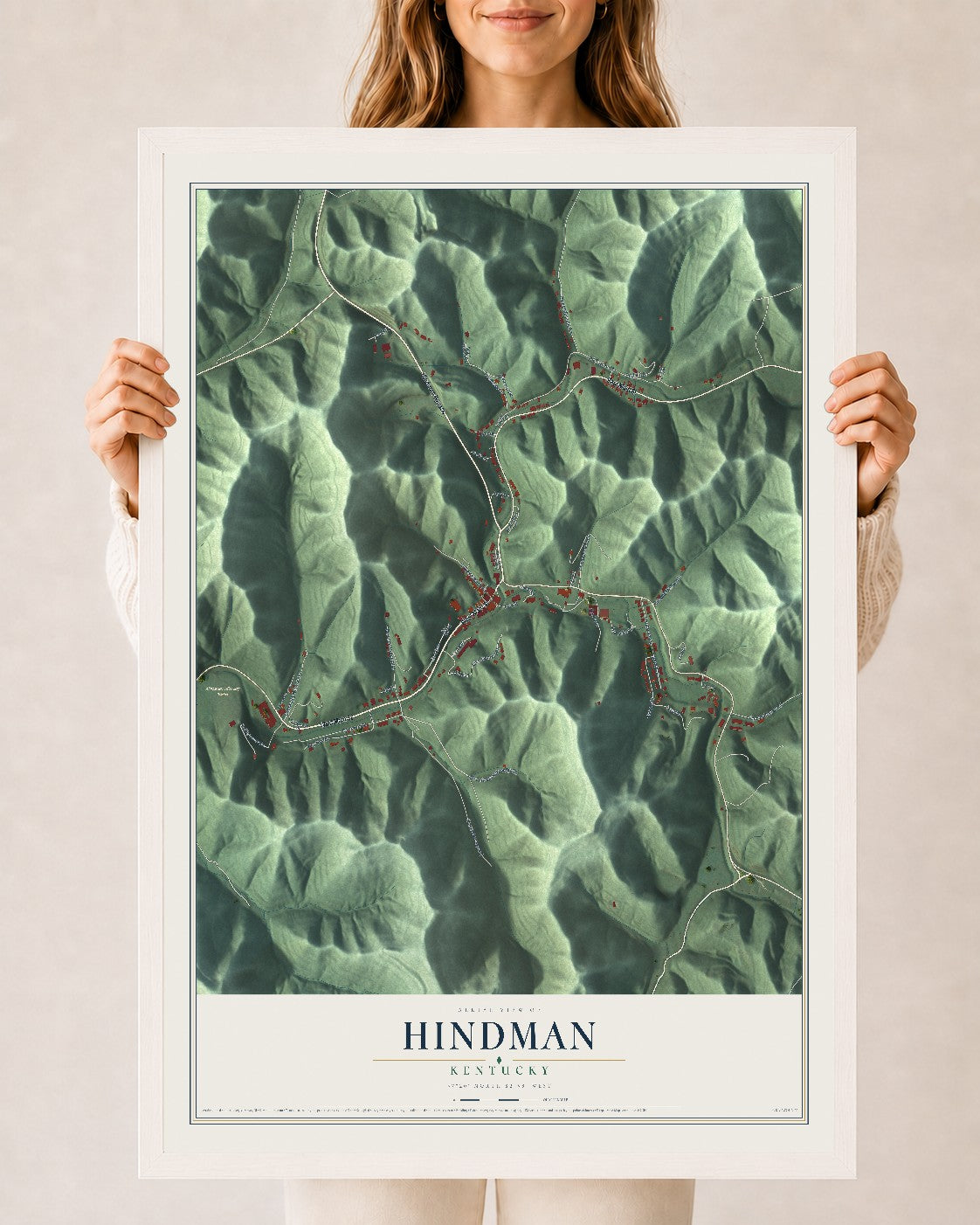 Map of Hindman, Kentucky, 24 x 36 inch print in a white wood frame