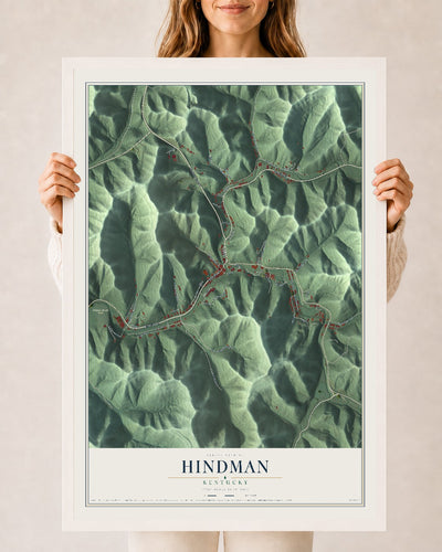 Map of Hindman, Kentucky, 24 x 36 inch print in a white wood frame