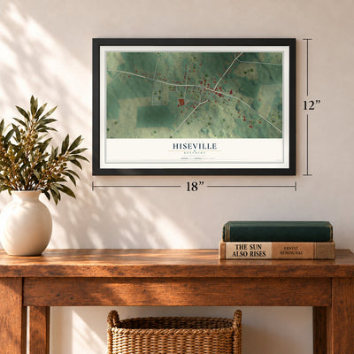 Hiseville, Kentucky map, 12 x 18 inch print in a black frame in an entryway