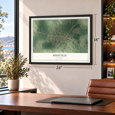 Hiseville, Kentucky map, 18 x 24 inch print in a black frame in a home office