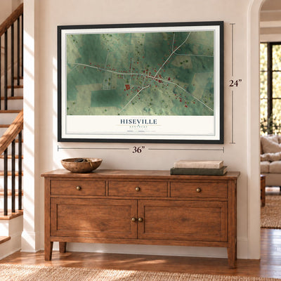 Hiseville, Kentucky map, 24 x 36 inch print in a black frame above a dresser by a staircase