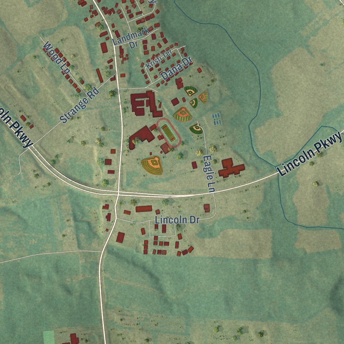 Second close-up of the map of Hodgenville, Kentucky print showing more streets and buildings