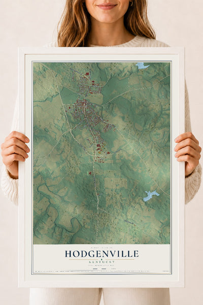 Map of Hodgenville, Kentucky, 18 x 24 inch print in a white wood frame