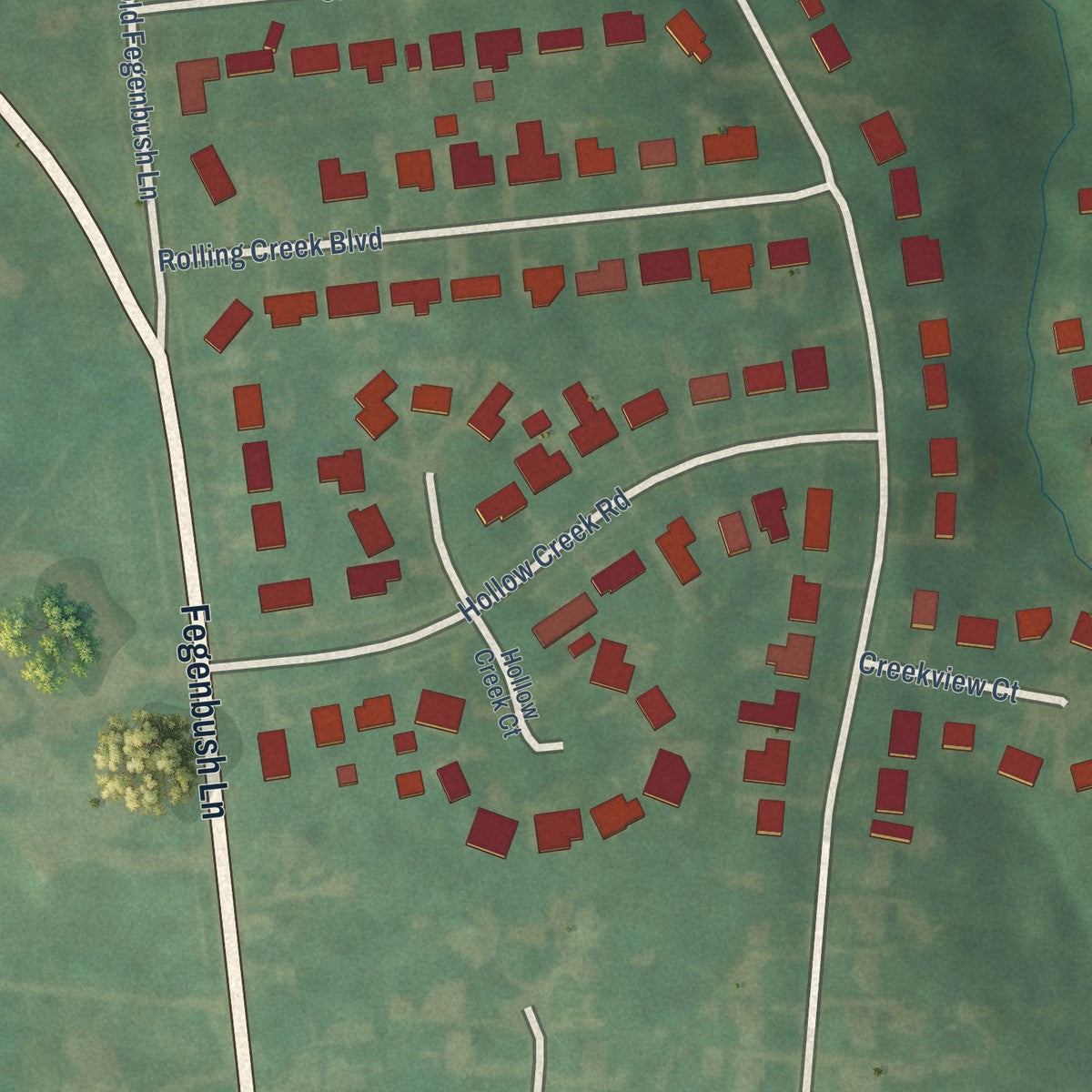 Close-up of the map of Hollow Creek, Kentucky print showing street and building detail