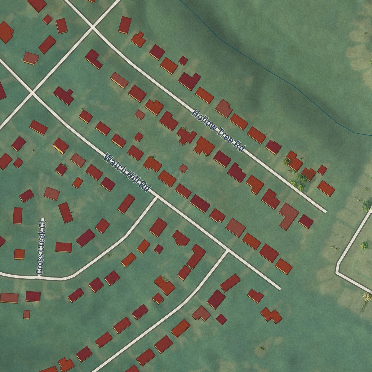 Second close-up of the map of Hollow Creek, Kentucky print showing more streets and buildings