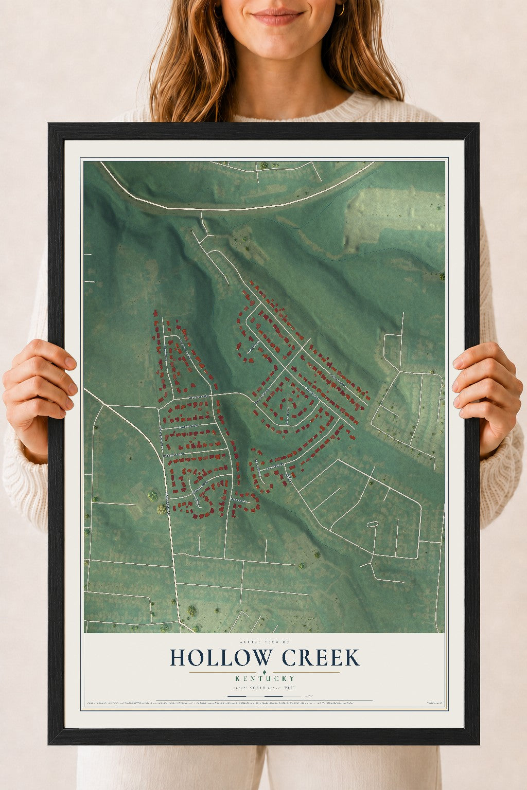 Map of Hollow Creek, Kentucky, 18 x 24 inch print in a black wood frame