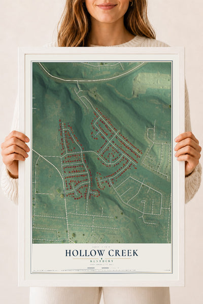 Map of Hollow Creek, Kentucky, 18 x 24 inch print in a white wood frame