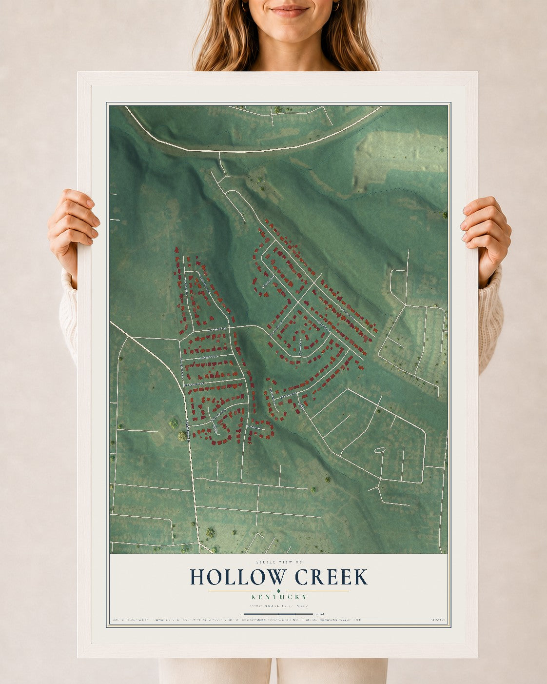 Map of Hollow Creek, Kentucky, 24 x 36 inch print in a white wood frame