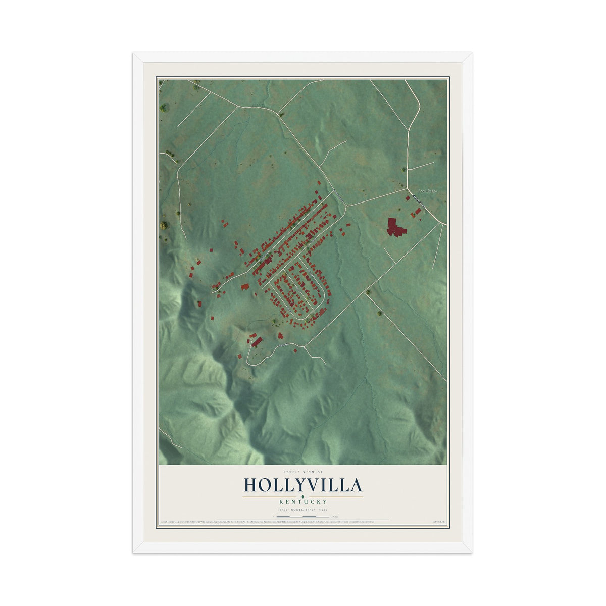 Map of Hollyvilla, Kentucky, 12 x 18 inch print in a white wood frame