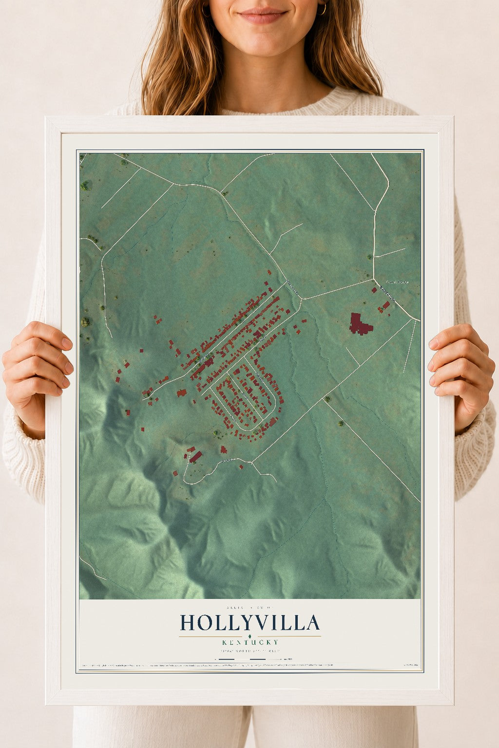 Map of Hollyvilla, Kentucky, 18 x 24 inch print in a white wood frame