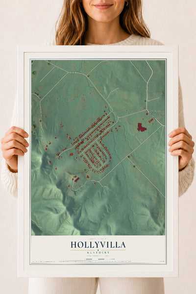 Map of Hollyvilla, Kentucky, 18 x 24 inch print in a white wood frame