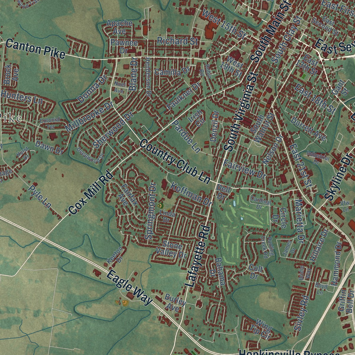 Close-up of the map of Hopkinsville, Kentucky print showing street and building detail