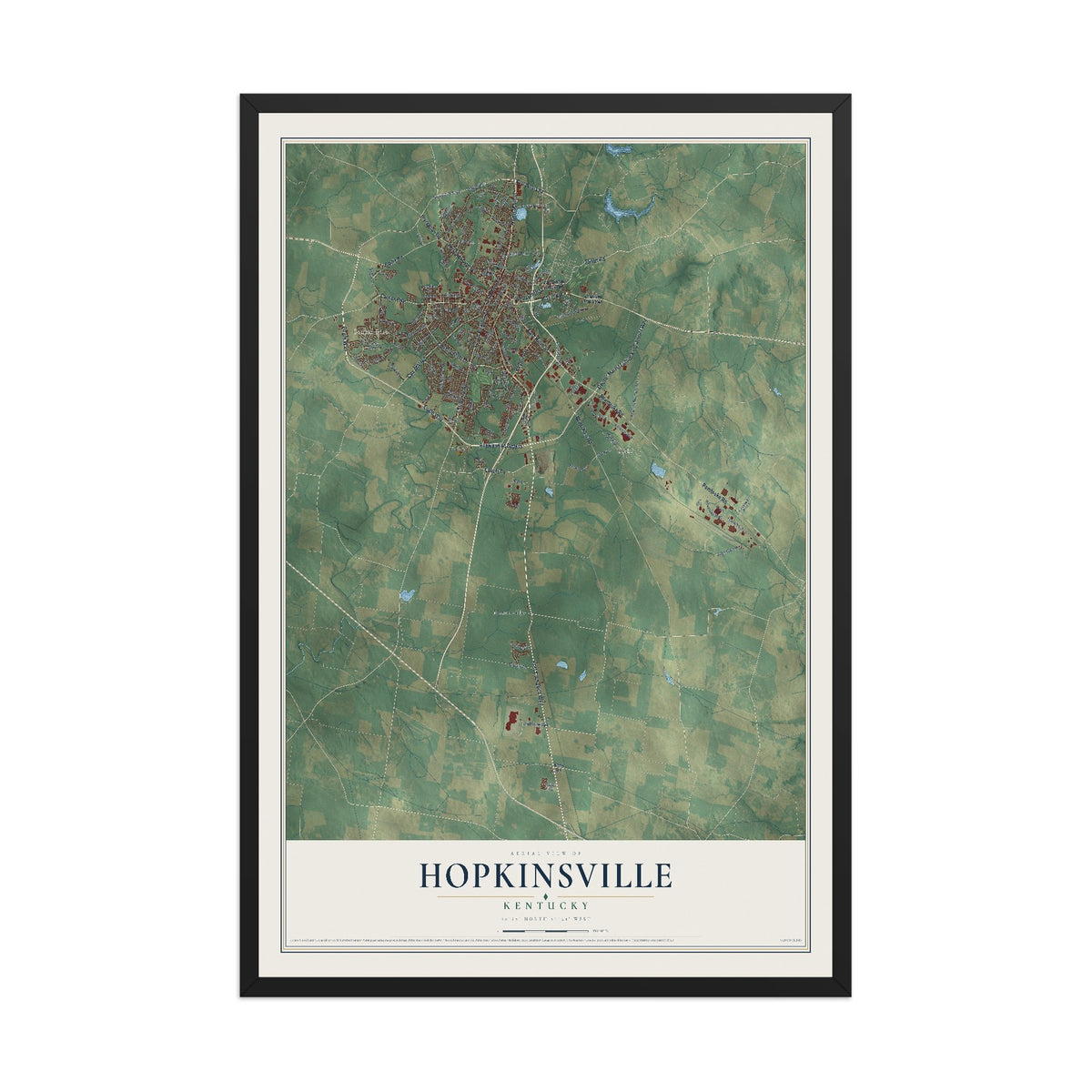 Map of Hopkinsville, Kentucky, 12 x 18 inch print in a black wood frame