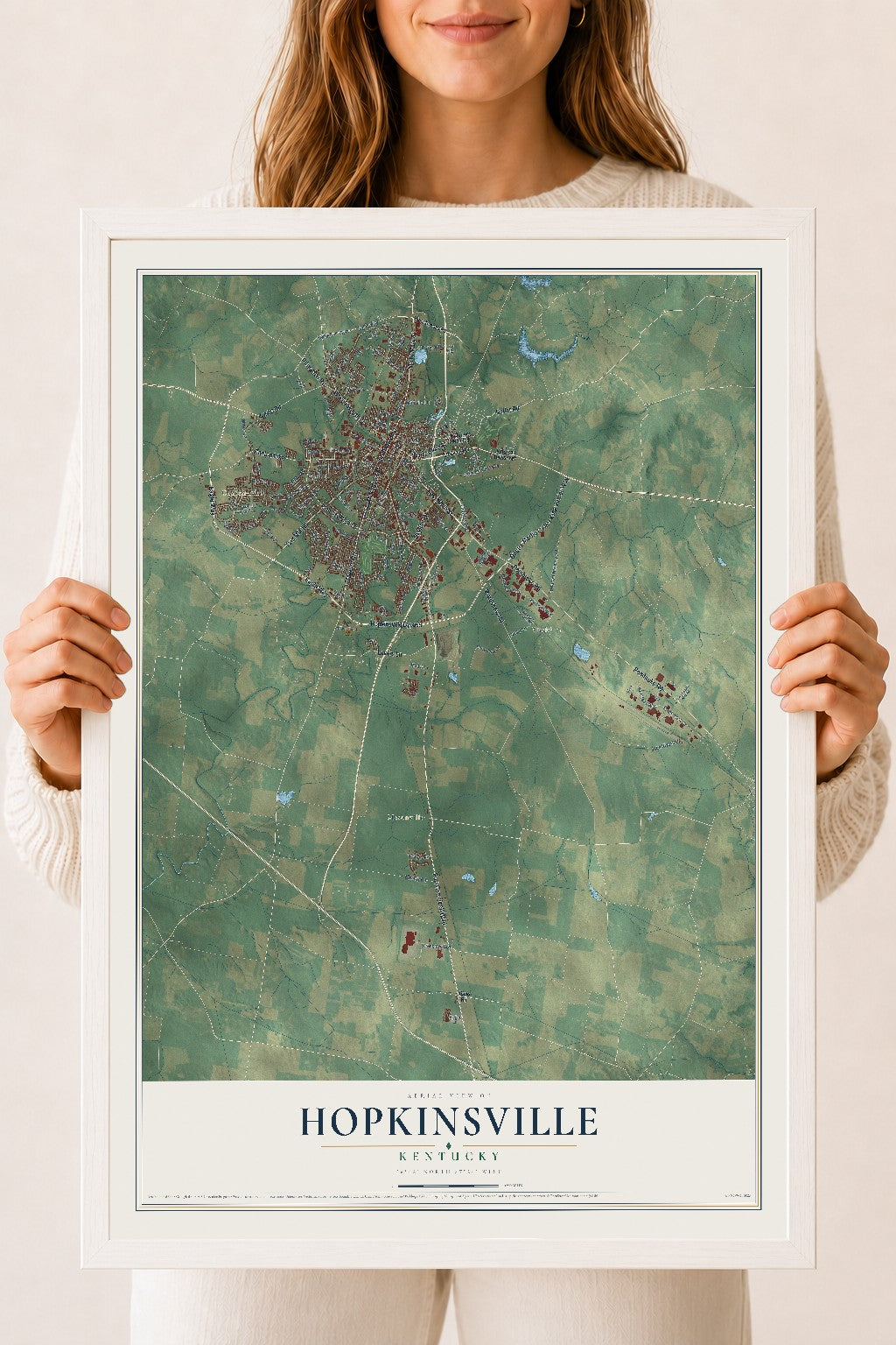 Map of Hopkinsville, Kentucky, 18 x 24 inch print in a white wood frame