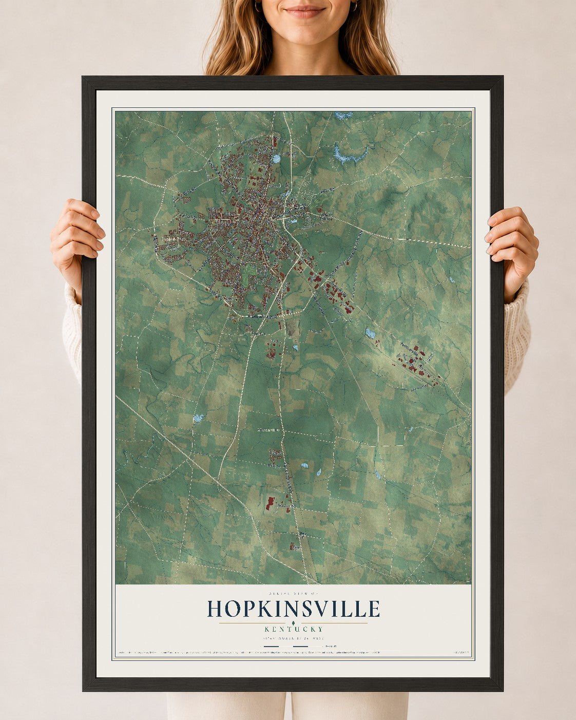 Map of Hopkinsville, Kentucky, 24 x 36 inch print in a black wood frame