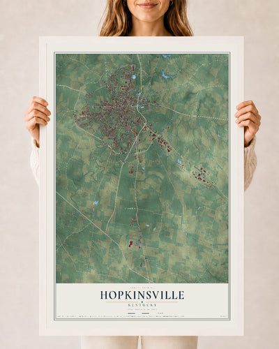 Map of Hopkinsville, Kentucky, 24 x 36 inch print in a white wood frame