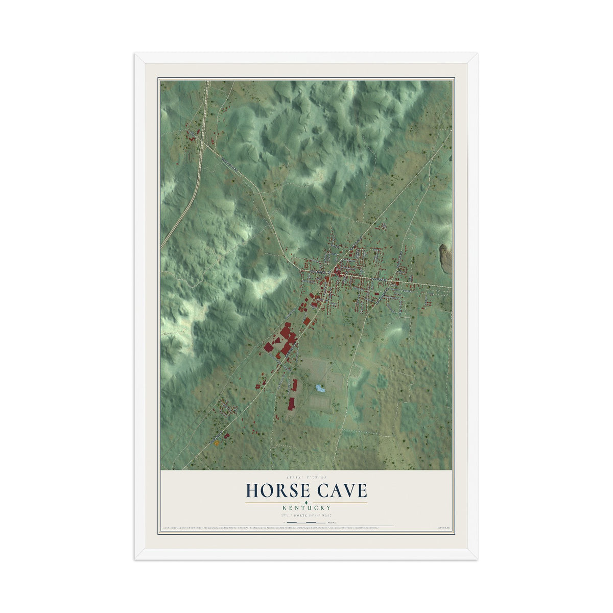 Map of Horse Cave, Kentucky, 12 x 18 inch print in a white wood frame
