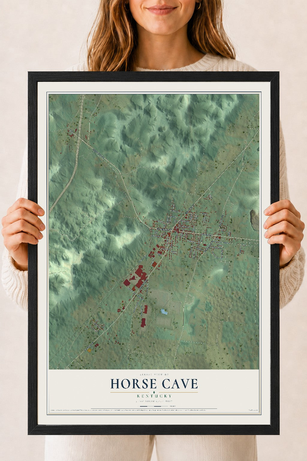 Map of Horse Cave, Kentucky, 18 x 24 inch print in a black wood frame