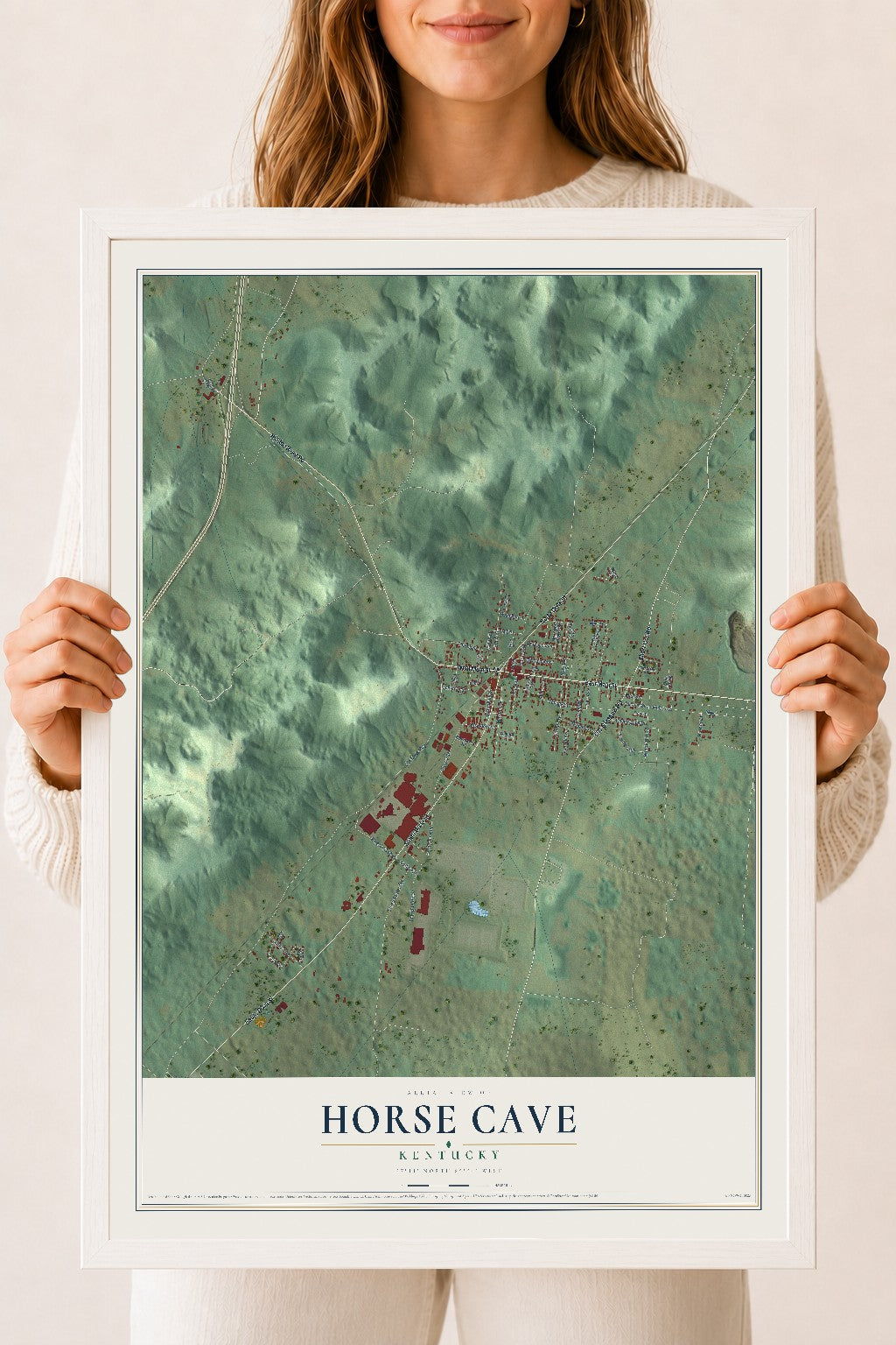 Map of Horse Cave, Kentucky, 18 x 24 inch print in a white wood frame