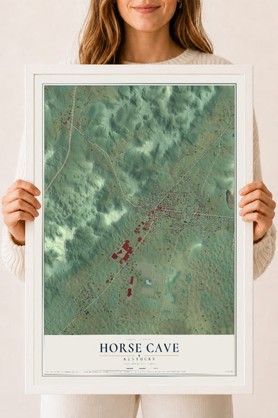 Map of Horse Cave, Kentucky, 18 x 24 inch print in a white wood frame