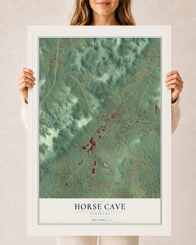 Map of Horse Cave, Kentucky, 24 x 36 inch print in a white wood frame