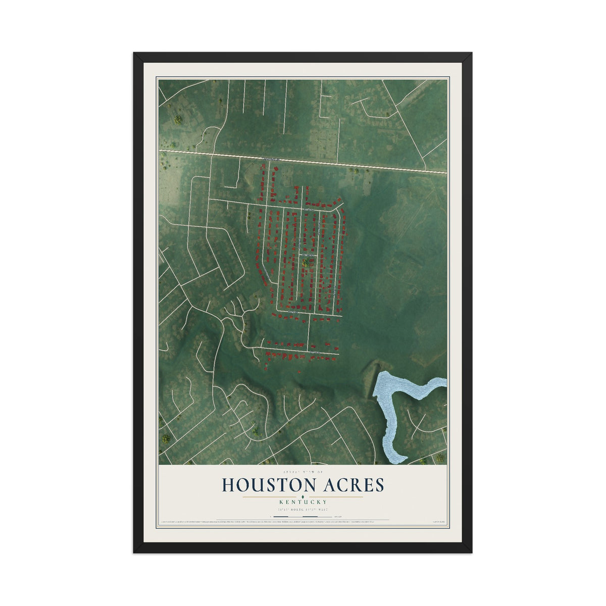 Map of Houston Acres, Kentucky, 12 x 18 inch print in a black wood frame