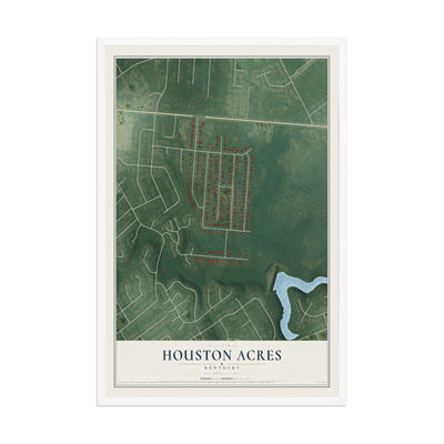 Map of Houston Acres, Kentucky, 12 x 18 inch print in a white wood frame