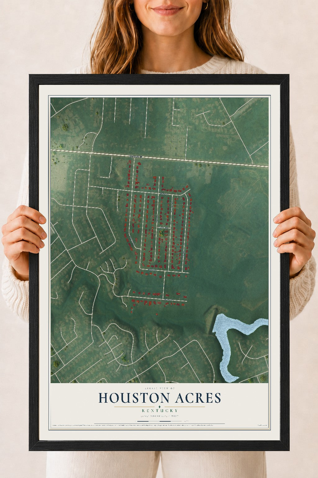 Map of Houston Acres, Kentucky, 18 x 24 inch print in a black wood frame