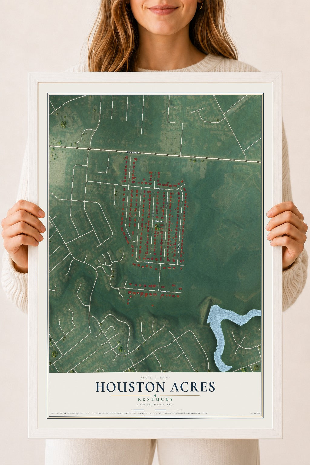 Map of Houston Acres, Kentucky, 18 x 24 inch print in a white wood frame