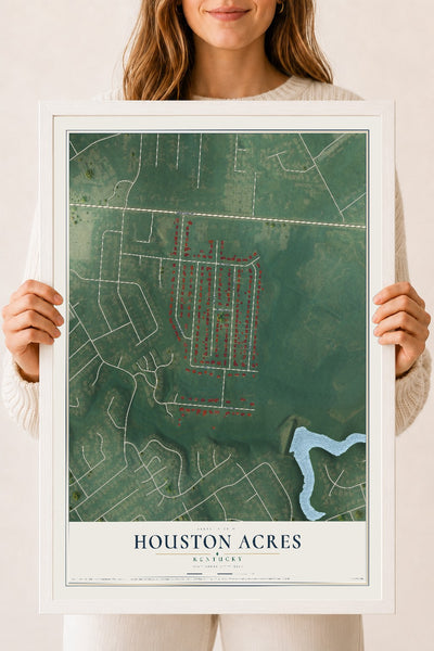 Map of Houston Acres, Kentucky, 18 x 24 inch print in a white wood frame