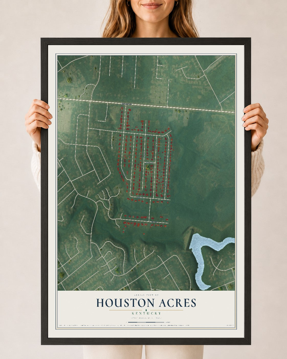 Map of Houston Acres, Kentucky, 24 x 36 inch print in a black wood frame