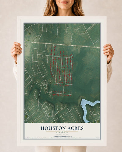 Map of Houston Acres, Kentucky, 24 x 36 inch print in a white wood frame