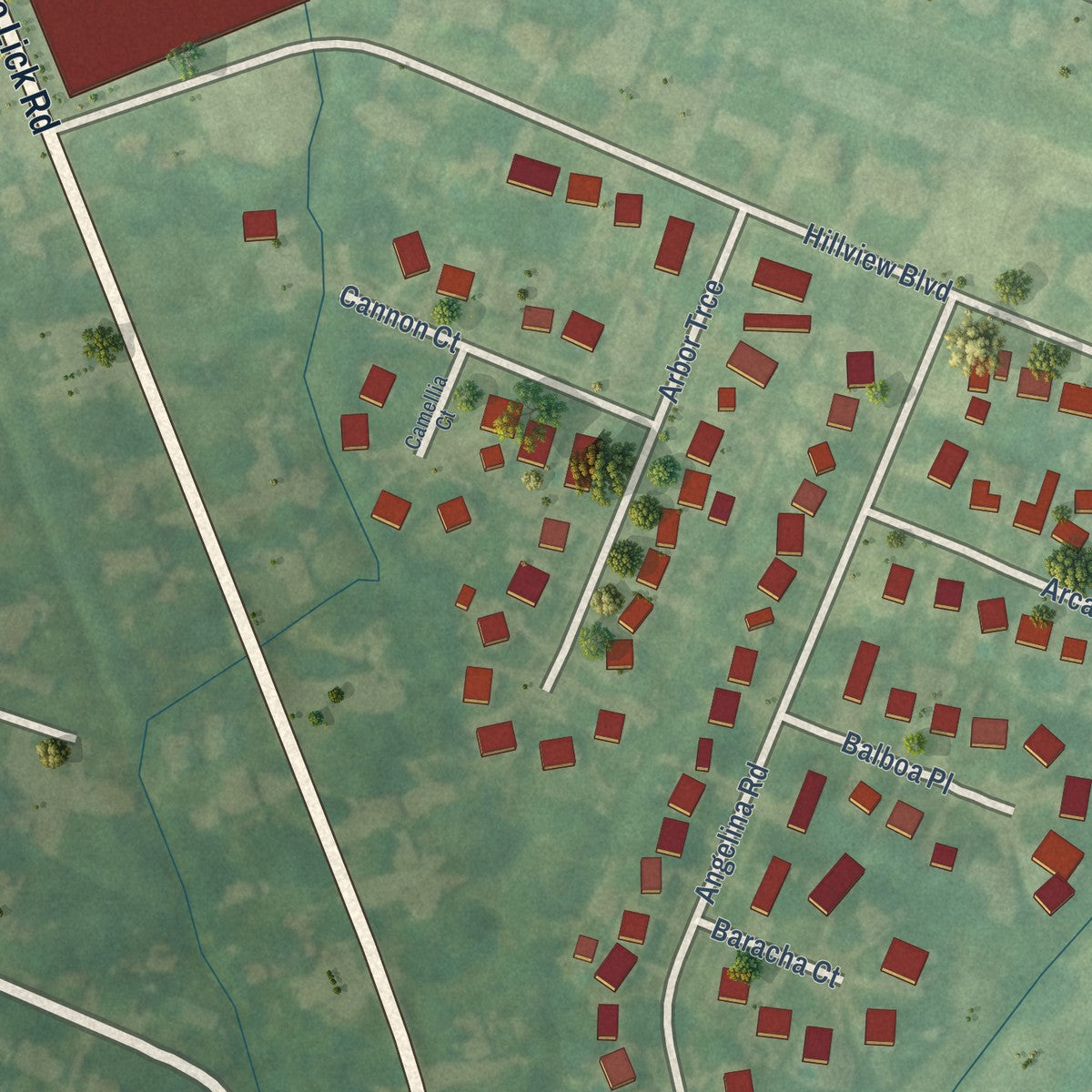 Second close-up of the map of Hunters Hollow, Kentucky print showing more streets and buildings
