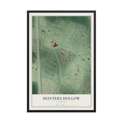 Map of Hunters Hollow, Kentucky, 12 x 18 inch print in a black wood frame