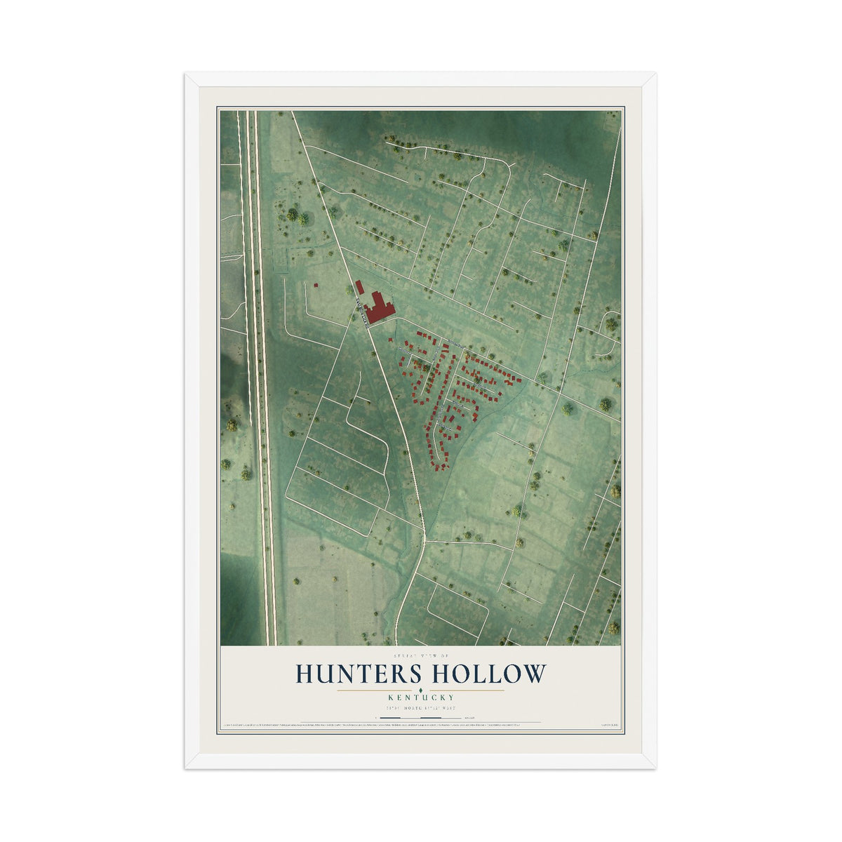 Map of Hunters Hollow, Kentucky, 12 x 18 inch print in a white wood frame
