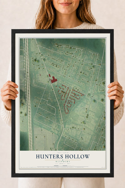 Map of Hunters Hollow, Kentucky, 18 x 24 inch print in a black wood frame