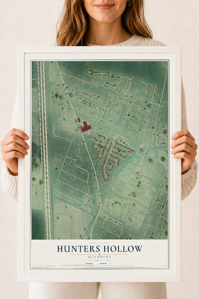 Map of Hunters Hollow, Kentucky, 18 x 24 inch print in a white wood frame
