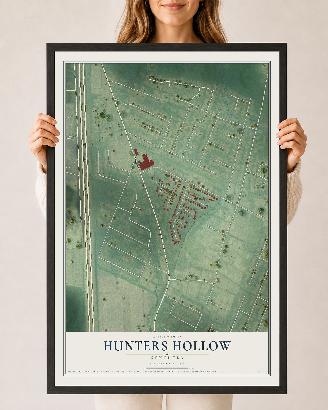 Map of Hunters Hollow, Kentucky, 24 x 36 inch print in a black wood frame